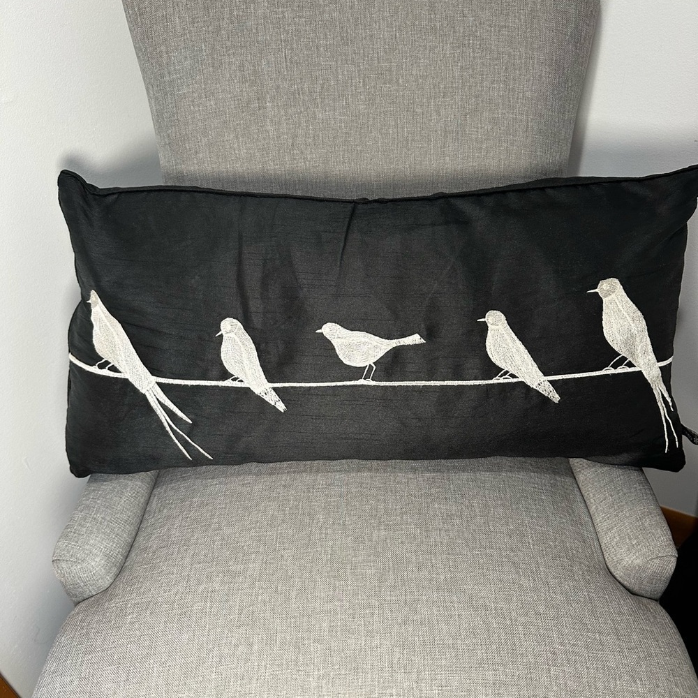 Silky black throw pillow with white birds on a wire #M-2050